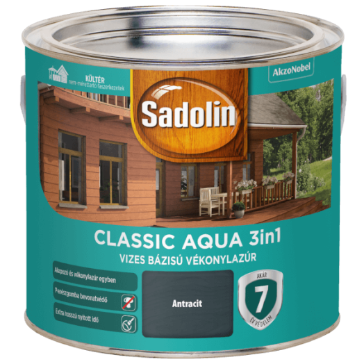 SADOLIN CLASSIC AQUA SELYEMFÉNYŰ VÉKONYLAZÚR 2,5L, ANTRACIT