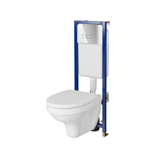 CERSANIT DELFI WC-TARTÁLY SZETT FALSÍKMÖGÖTTI KRÓM NYOMÓLA, FALI WC, LECSAPÓDÁSGÁTLÓ WC-ÜLŐKE