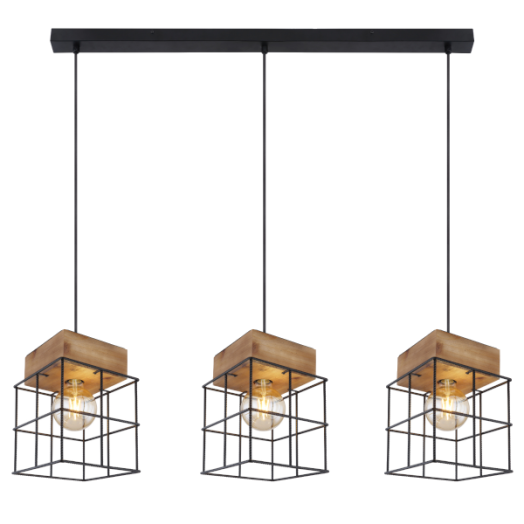 MERRIL FÜGGESZTÉK 3XE27 60W BARNA FA/FEKETE FÉM HÁLÓ