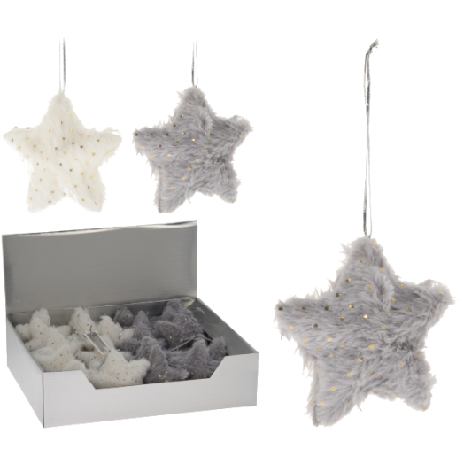 DEKOR CSILLAG FÜGGŐ 10CM, PLÜSS SZÜRKE/FEHÉR 2 TÍPUS