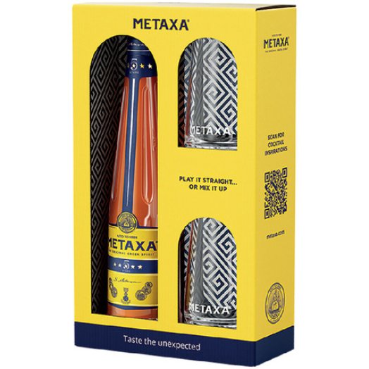 Metaxa 5* szeszes ital ajándékcsomag 2 db pohárral