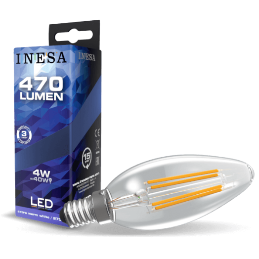 LED FÉNYFORRÁS GYERTYA E14 4W 430LM FILAMENT 2700K
