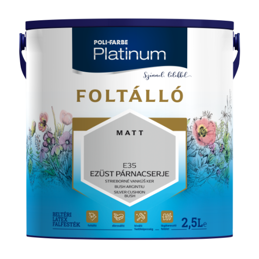 POLI-FARBE PLATINUM FOLTÁLLÓ BELTÉRI SZÍNES FALFESTÉK 2,5L E35 EZÜST PÁRNACSERJE
