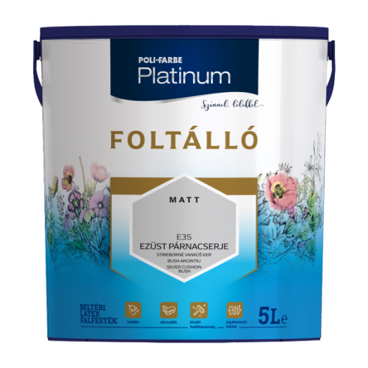 POLI-FARBE PLATINUM FOLTÁLLÓ BELTÉRI SZÍNES FALFESTÉK 5L E35 EZÜST PÁRNACSERJE