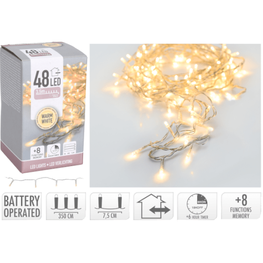 FÉNYFÜZÉR 48 LED ELEMES MELEG FEH. IDŐZÍTŐVEL, BELTÉRI 3,6M KÁBEL:50CM
