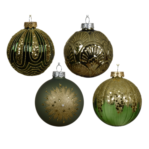 NORAND ÜVEGGÖMB 8CM ZÖLD DÍSZÍTETT