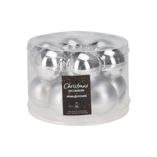 GÖMB SZETT ÜVEG EZÜST 50MM 12DB: 6 FÉNYES, 6 MATT