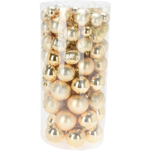 KARÁCSONYI GÖMB SZETT ARANY 100 DB 5-FÉLE MÉRET