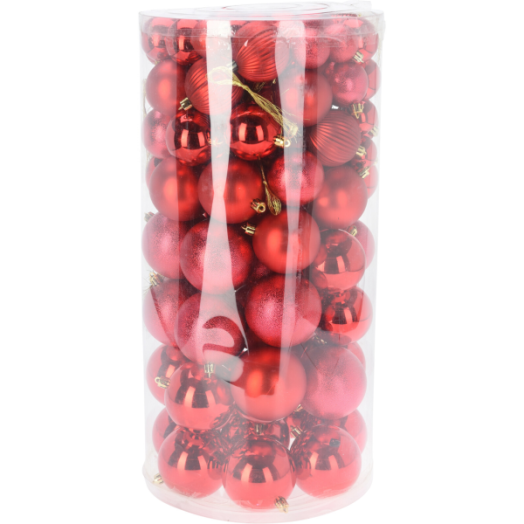 KARÁCSONYI GÖMB SZETT PIROS 100DB 5-FÉLE MÉRET