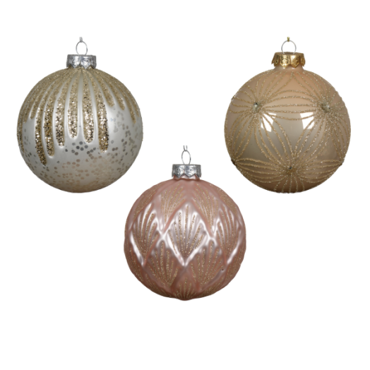 NORAND ÜVEGGÖMB 10CM HALVÁNY RÓZSASZÍN DÍSZÍTETT 3 FÉLE