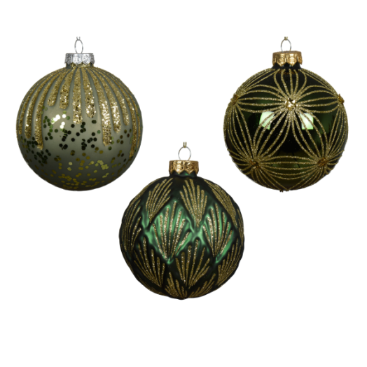 NORAND ÜVEGGÖMB 10CM ZÖLD DÍSZITETT 3 FÉLE