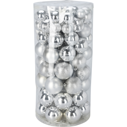KARÁCSONYI GÖMB SZETT EZÜST 100DB 5 FÉLE MÉRET