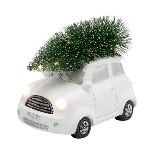 SOMOGYI CHRISTMAS LIGHTING KERÁMIA FIGURA FEHÉR KISAUTÓ FENYŐVEL