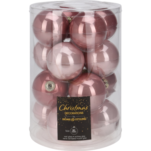 GÖMB SZETT ÜVEG PINK 80MM 16DB: 8 FÉNYES, 8 MATT