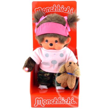 Monchhichi - lány figura sportos ruhában kutyával - 20 cm