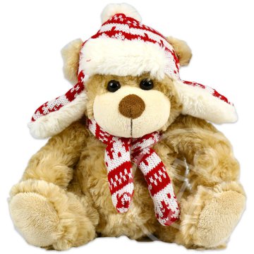 Maci plüssfigura sapkában sállal - 20 cm