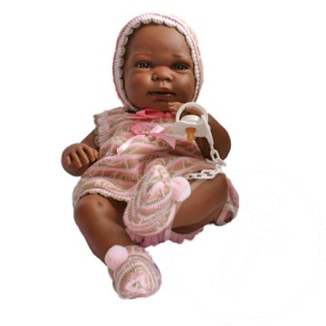 Néger csecsemő baba csíkos ruhában 36cm
