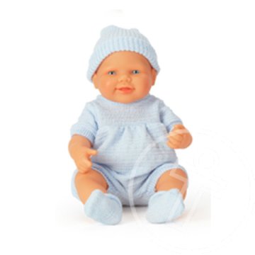 Ülő baba kék, rövid ruhában 42cm