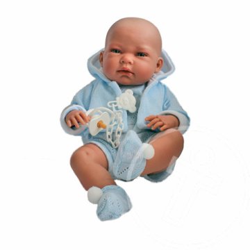 Csecsemő baba kék kapucnis felsőben 36cm