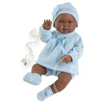 Csecsemő baba kék ruhában néger 45cm