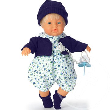 Síró fiú csecsemő baba kék ruhában 38cm