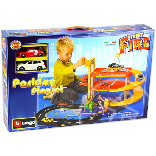 Bburago kétszintes parkolóház modell kisautókkal - Audi R8, Porsche Cayenne Turbo