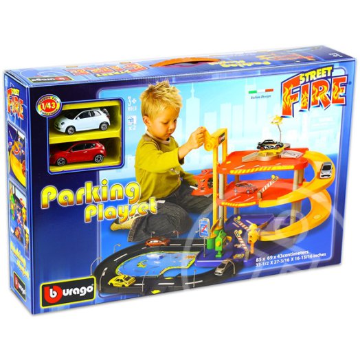 Bburago kétszintes parkolóház modell kisautókkal - Fiat 500, Alfa Romeo MiTo