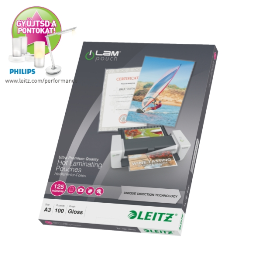 Leitz A3 lamináló fólia 250mic(2x125) 100db/cs, víztis