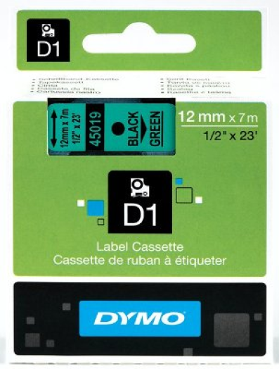 Dymo D1 12mm szalag, fekete/zöld