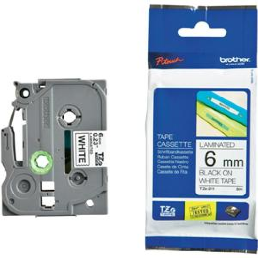 Brother TZE211 6mm laminált szalag, fehér/fekete