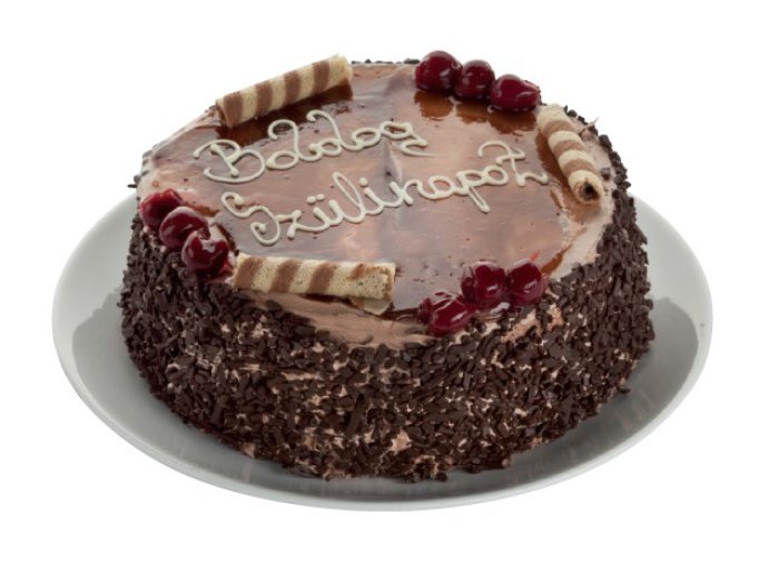 Fekete-erdő torta felirattal