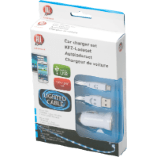 Töltő micro USB szivargyújtó csatlakozóval, világító kábellel