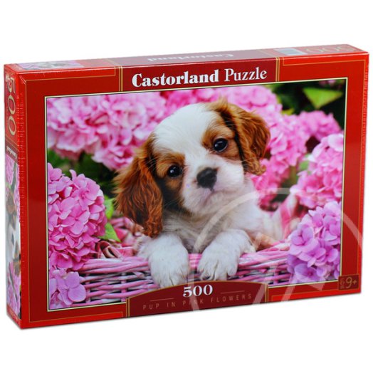 Kutya kölyök rózsaszín virágokkal puzzle - 500 db
