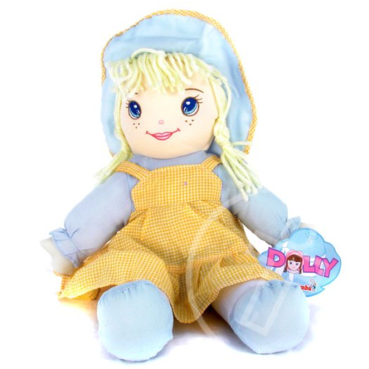 Dolly plüssbaba - 45 cm - narancssárga-világoskék ruhában
