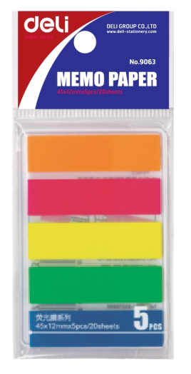 Deli oldaljelölő címke neon 45x12mm 5színx20lap