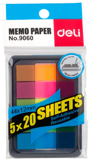 Deli oldaljelölő címke neon 44x12mm 5színx20lap tartóban