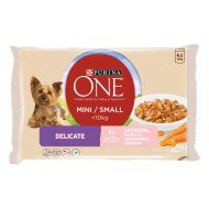 PURINA ONE MINI DELICATE KUTYAELEDEL LAZACCAL, RIZZSEL ÉS SÁRGARÉPÁVAL, 4X100G