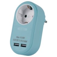 Kék hálózati adapter földelt aljzattal és 2 USB-vel