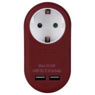 Entac vörös hálózati adapter földelt aljzattal és 2 USB-vel