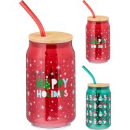 Karácsonyi szívószálas pohár fedővel 500 ml 2-féle mintával üveg