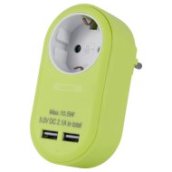 Entac lime színű hálózati adapter földelt aljzattal és 2 USB-vel